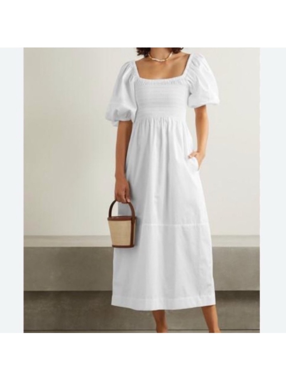 La Ligne White Smocked Maxi Dress with Puff Sleeves